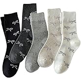 OYOANGLE Women's 5 Pairs Bow Graphic Crew Socks Set Soft Comfortable Non Slip Casual Socks
