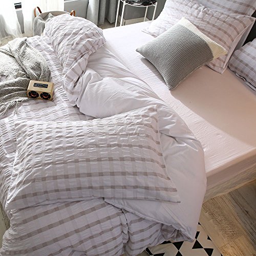 Lausonhouse Cotton Duvet Cover Set,100% Cotton Woven Seersucker Stripe Duvet Cover Set,3 Pieces Bedding Set - Queen - Linen - Thumbnail 4