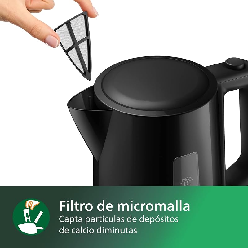 Hervidor Serie 3000-1,7L Tapa con resorte, Resistencia plana, Luz indicadora, Filtro extraíble, Múltiples sistemas de seguridad, Negro (HD9318/20)