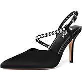 RINBONGZ Women's Pearl High Heels Pointed Closed Toe Wedding Shoes for Bride Stiletto Ankle Strap Satin Pumps Elegant Bridal Formal Party Evening Work Dress Shoes