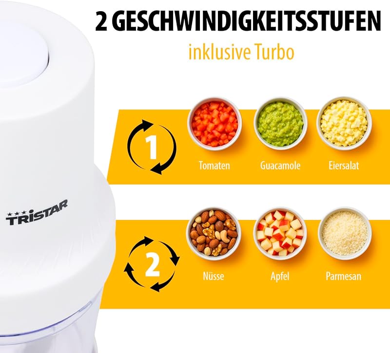 Edelstahl-Zerkleinerer, 400W Motor, 2 Geschwindigkeiten mit Turbo, 2 Edelstahlklingen, 0.5L Schüssel, Kompaktes Design, Spülmaschinengeeignet, Leicht zu Reinigen, BL-4023