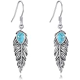 Genuine Turquoise Dangle Earrings for Women, Sterling Silver Vintage Feather Earrings, Boho Jewelry Gift for Daily/Festival/Party Outfits