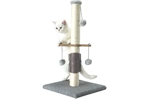 PAWSFANS Cat Scratching Post Sisal Vertical Scratcher Posts for Indoor Cats and Kittens,Three Hanging Ball Toy and Self-Grooming Brush,26inches Cat Scratch Pole Grey