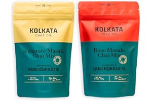 KOLKATA CHAI CO Kolkata Chai Signature Masala Chai & Rose Chai Combo Pack, Makes 40 cups, Premium loose leaf tea and spice blend, All Natural
