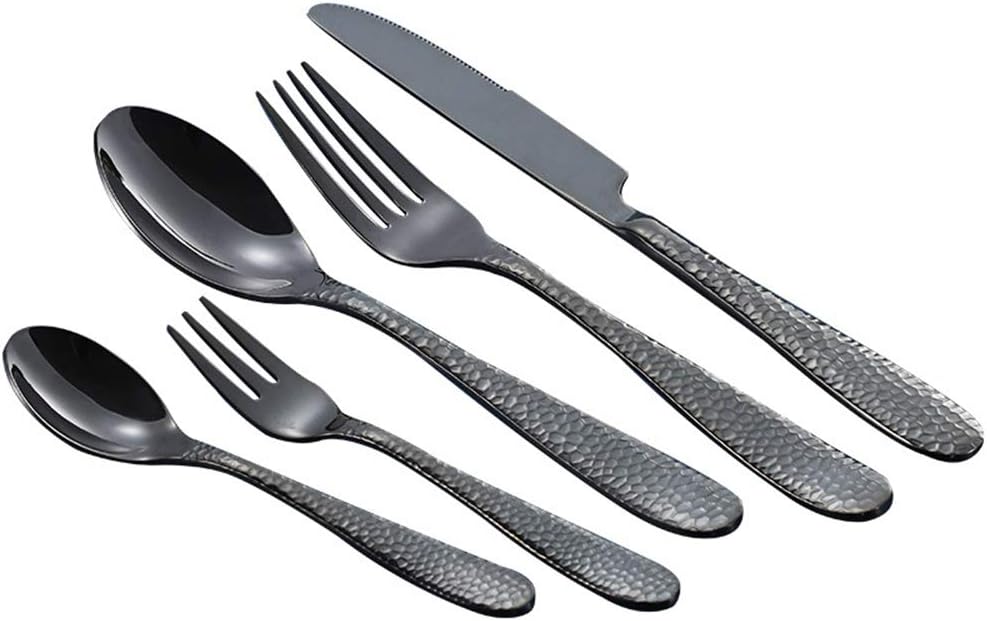 Cutlery Set Stainless Steel, 20 Piece Flatware Service for 4 with Knife Spoon Fork, Cutlery Set with Hammered Pattern for Wedding Festival Christmas Party, Mirror Polish, Dishwasher Safe,Black