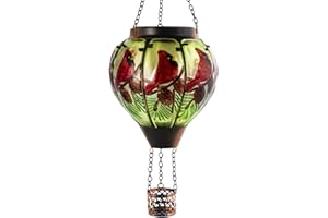 DREAMSKIP Cardinal Solar Hot Air Balloon Lantern with Flame, Glass Hot Air Balloon Solar Lantern Outdoor Waterproof, Hanging Hot Air Balloon Solar Light, Cardinal Gifts for Mom Woman Christmas
