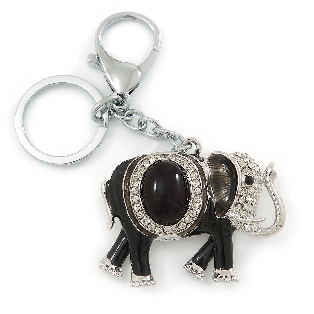 Avalaya Crystal Black Enamel Elephant Keyring/Bag Charm In Silver Tone - 12cm L