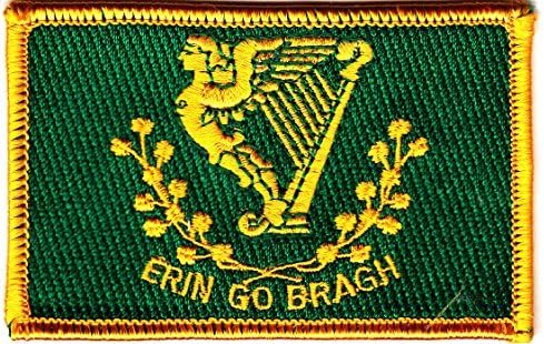 IRISH-"ERIN GO BRAGH" FLAG, IRON ON PATCH, IRELAND, HARP, COAT OF ARMS,