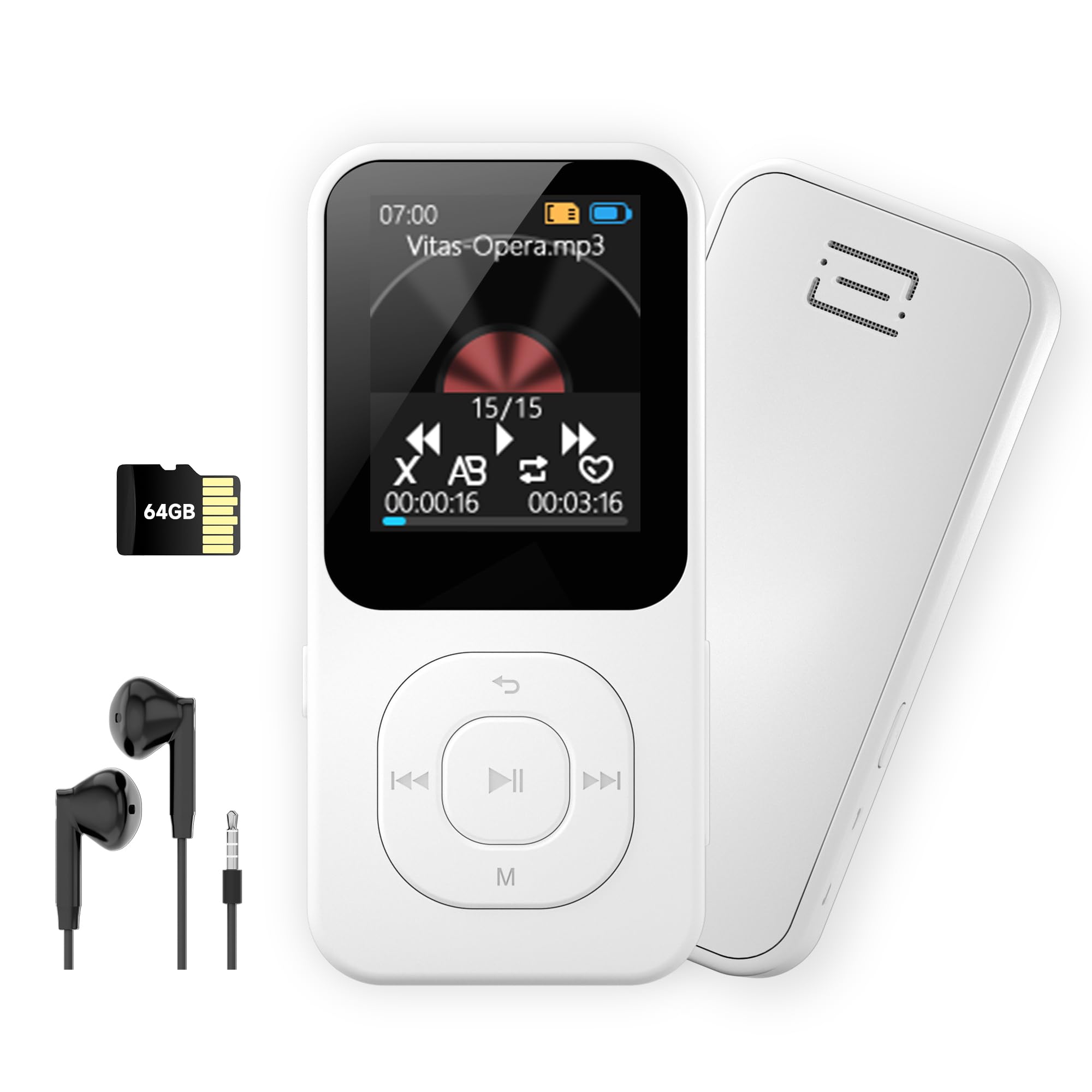 Photo 1 of 64GB MP3 Player with Bluetooth 5.3, Portable Music Player for Sports with Speaker, FM Radio, Voice Recorder, HiFi Sound, 30H Longer Battery Life, Quick Transmission, Timer Off, Up to 256GB (White)