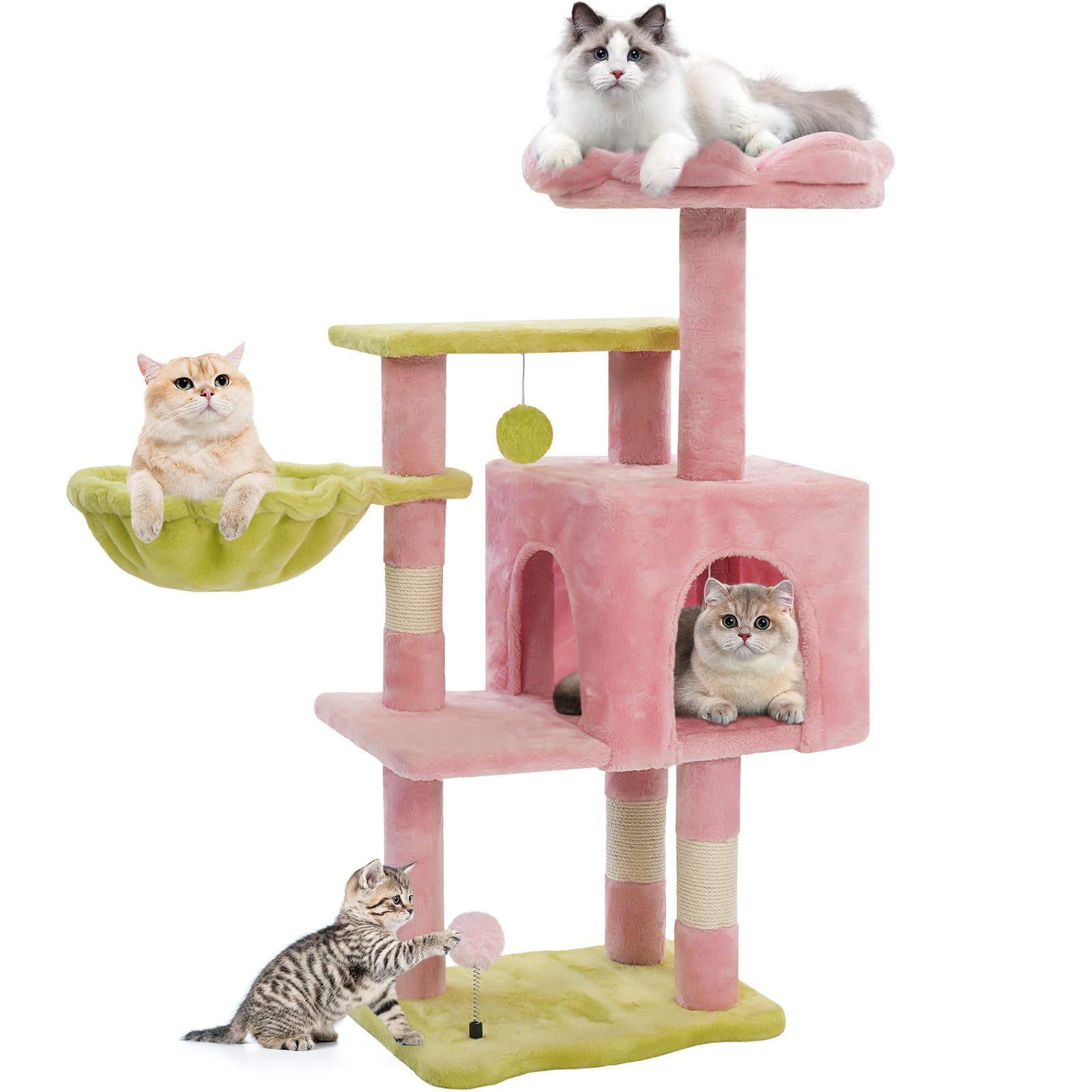 Photo 1 of Cat Tree Tower with Metal Frame Hammock, 41'' Cat Trees for Indoor Cats Large Adult, Cat Towers with Scratching Post, Cats Condo furniture with Pink Flower Perch, Cats Climbing Tower for Kittens(Pink)