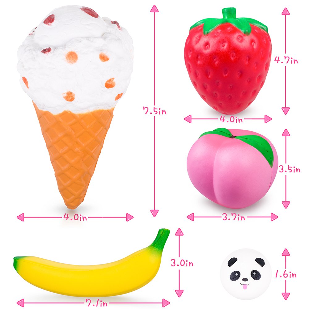 rosybeat 5PCS Squishies Pack Jumbo Scented Fruit Squishy Squeeze Toy Soft Slow Rising Squishys for girls and boys Stress Reliever Gift （Strawberry Peach Banana Ice Cream Cone Panda ）