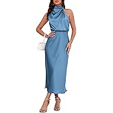 LUNAMODA Women's 2025 Summer Satin Dress Elegant Formal Sleeveless Mock Neck Wedding Guest Cocktail Party Maxi Dresses