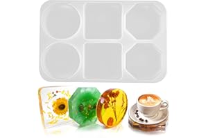 ZQYSING Coaster Molds for Epoxy Resin, Large 6 Cavity Resin Coaster Silicone Molds, 4 Inches Deep Round Square Octagon Moldes para Resina Epoxica for Cups Mats, DIY Craft Flower Bouquet Preservation