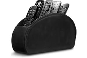 RHCSZ Leather Remote Control Holder with 5 Compartments TV Remote Caddy Storage Box/Tray,Desktop Organizer Store Controller,Glasses,Brush,Media Player,Pen,Space Saver for Bedside Table/Office Desk(Black)