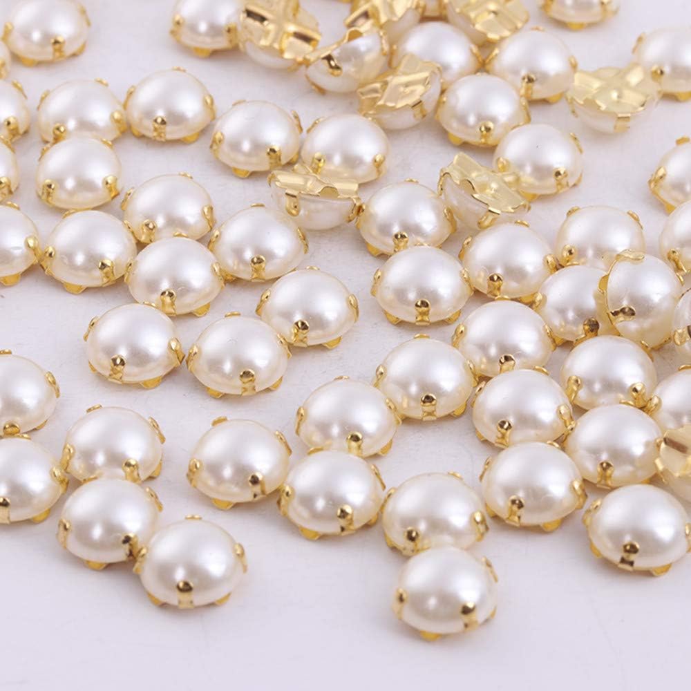 200PCS Sewing Pearl Beads Rhinestones Sew On Pearl Rhinestones with Silver Claw Flatback Half Round Pearl for Craft Garment (Gold Claw, 5mm)