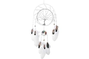 PRETTY JOLLY 7 Chakras Tree of Life Dream Catcher Wall Decor with Rainbow Healing Crystal Stone Handmade White Feather DreamCatchers Wall Hanging Ornaments for Bedroom Home Decor Blessing Gift Wedding Party -22"