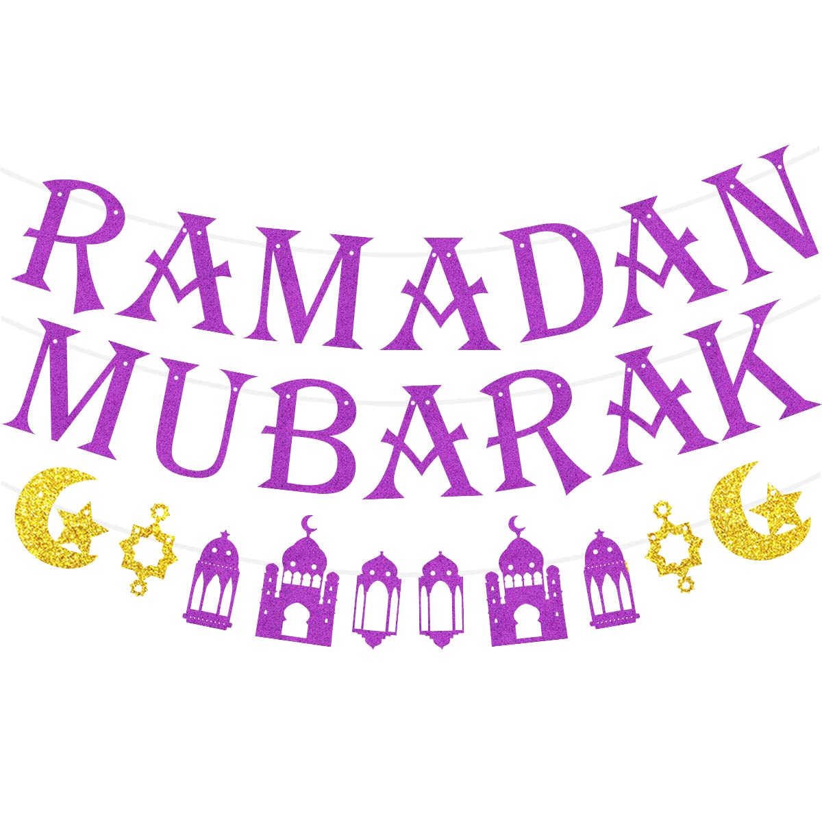 Ramadan Decorations, Ramadan Mubarak Banner for Home Glitter Ramadan Bunting Ramadan Banner for Islamic Party Decorations - Purple