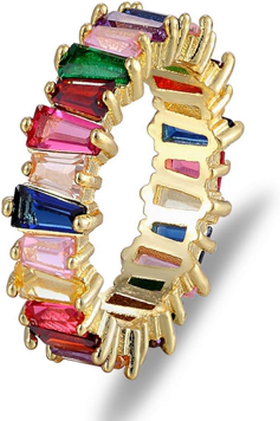 Sevennights Thin Baguette T Ring Engagement Handmade Rainbow CZ Copper Rings for Women Fashion Angel Wedding Band