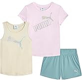 PUMA Girls Active Shorts Set - 3 Piece Performance T-Shirt, Tank Top, Gym Shorts - Summer Athletic Outfit for Girls (7-14)