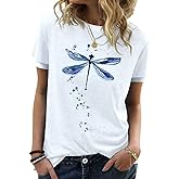 JNIFULI Women's Graphic Tees Casual Summer Funny Dragonfly Printed Short Sleeve Cute T Shirts Tops