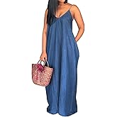 SeNight Women's Sexy Maxi Denim Dresses Casual Spaghetti Strap Striped Long Sundress Wiht Pockets