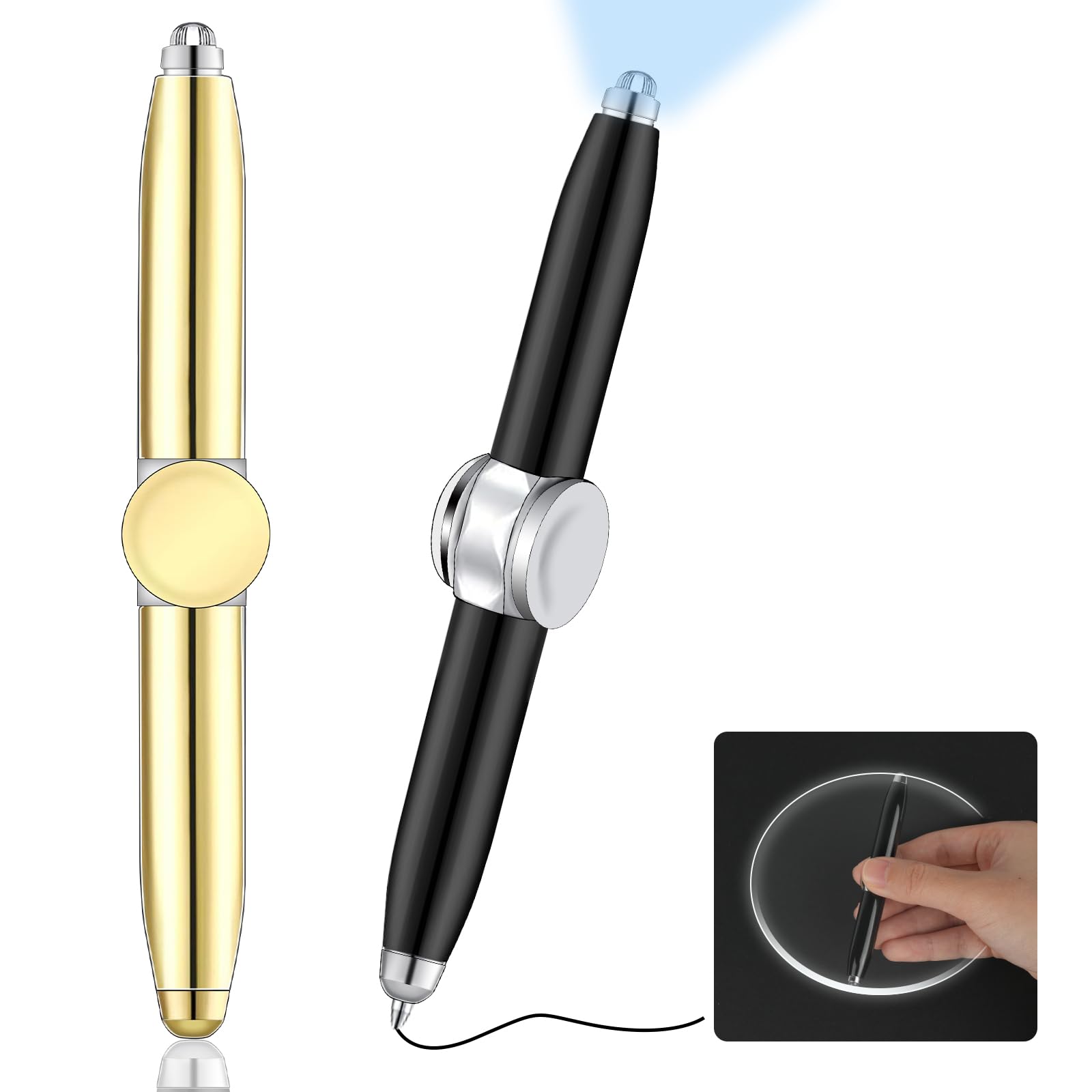 AUAUY 2PCS Spinning Pen with LED Light, Multi-functional Fidget Pen, Help Thinking & Relieve Stress Ballpoint Pen, Rotating Relieve Anxiety Gift Pen for Business Adults Students Kids-Black & Gold