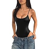 SweatyRocks Women's PU Leather One Piece Spaghetti Strap Corset Bodysuit Scoop Neck Backless Cami Tops