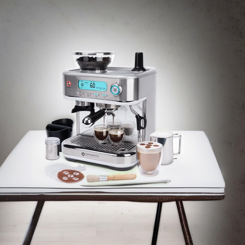 EspressoWorks Barista Pro Series Espresso Machine with Grinder, LCD Display and Steamer - Ready To Go In 60 Sec - 15-Bar Latte and Cappuccino Machine 30-Piece Bundle - Coffee Gifts (Silver)