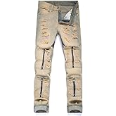 Men's Ripped Destroyed Straight Slim Fit Jeans Cargo Denim Pants Fashion Jean (US, Waist Inseam, 33, 32, Yellow)