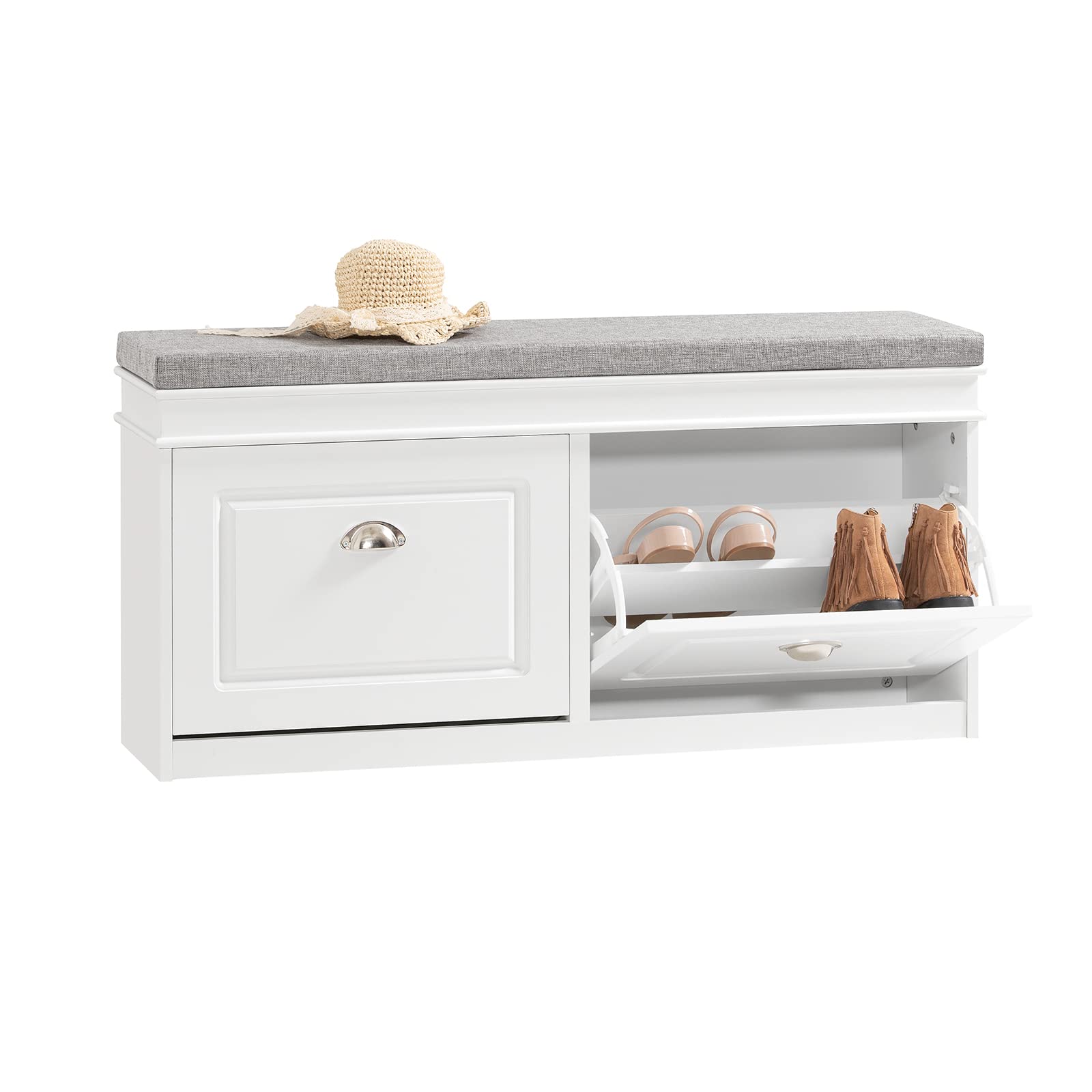 SoBuy White Storage Shoe Bench with 2 Flip Drawers, Hidden Shoe Bench ...