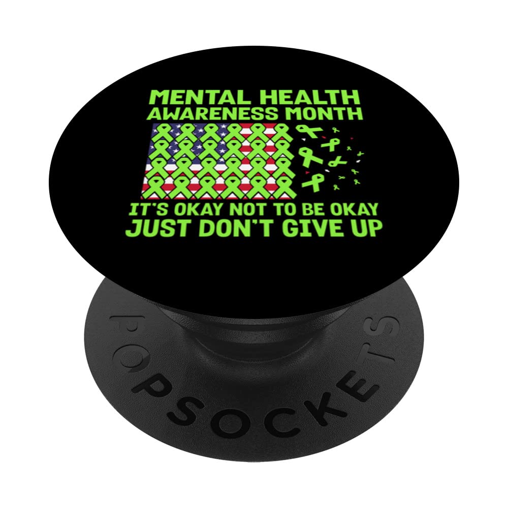 US flag with lime green ribbons for mental health awareness PopSockets Swappable PopGrip