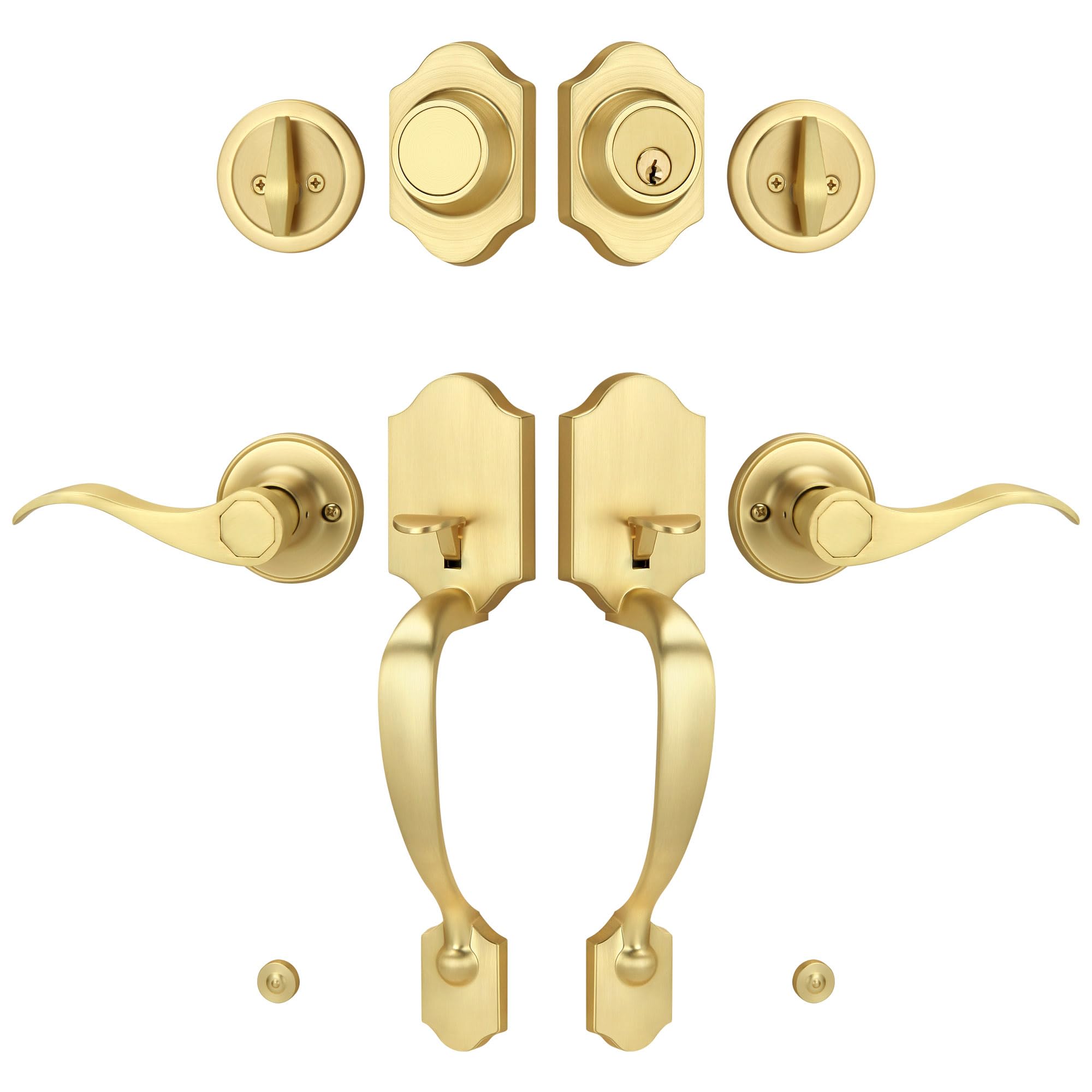 Photo 1 of LOQRON Double Front Door Handle Set with Dummy and Deadbolt, Brushed Gold Entry Front Door Lock Set with Gold Classic Half Grip Curved Door Handle for Exterior Doors or Office, Satin Brass