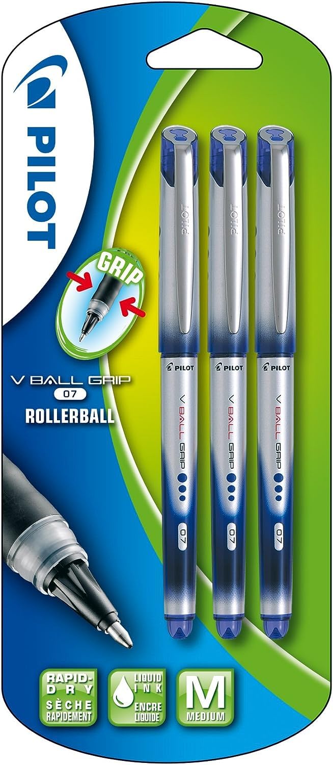 Pilot VBall 7 Grip Rollerball Pen- Blue (Pack of 3)