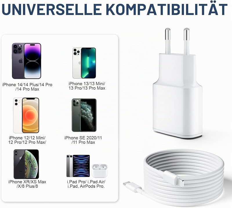 Schnellladegerät für iPhone 14 13 12 11 [Pro/Plus/Pro Max] - 25 W USB-C-Ladegerät und Lightning-Kabel von 1 m — Foto 2 von 7