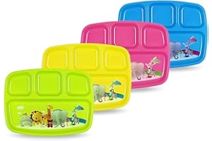 PLASKIDY Toddler Plates With Dividers - Set of 4 Kids Dinner Plates with 4 - Compartment Brightly Colored Children Divided Tray Dishwasher Safe BPA Free Plate With Fun Zoo Design
