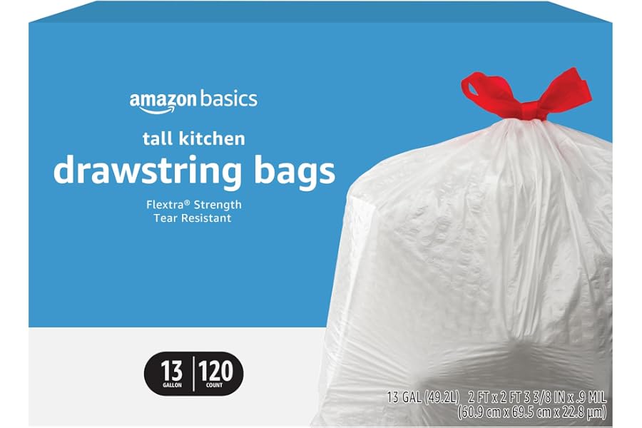 Amazon Basics Flextra Tall Kitchen Drawstring Trash Bags, 13 Gallon, 120 Count