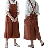 VLZUFE Women Cotton Linen Cross Back Apron with Pockets for Gardening Works Pinafore Dress