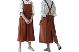 VLZUFE Women Cotton Linen Cross Back Apron with Pockets for Gardening Works Pinafore Dress