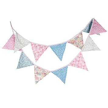 Demarkt 12 Beautiful Colourful Garland Bunting for Outdoor Decoration with Flower Pictures Cotton Total Length 3.2 m (Pink-Bl