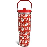 Christmas Red Gifts for Women Men, 30 Oz Tumbler with Top Handle and Flip Straw, Xmas Santa Claus Stainless Steel Insulated Travel Coffee Cup, Winter Holiday Water Bottle for Him Her