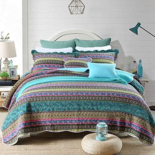 mixinni 100% Cotton 3 Piece Striped Boho Style Bedspread Quilt Sets, Reversible&Decorative-(1 Quilt 86" x 96" + 2 Pillow Shams 20" x 28"), Queen Size, Blue