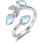 CUPENDA Moonstone Leaf Ring Sterling Silver Adjustable Band Moonstone Rings Boho Jewelry for Women