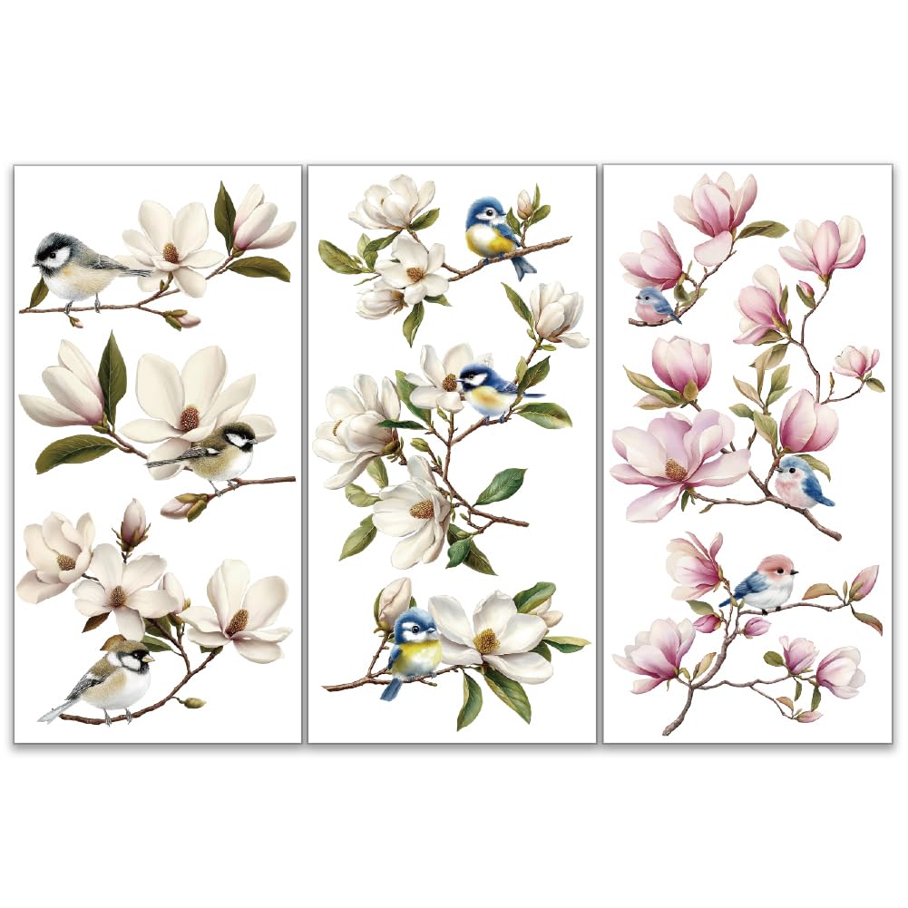 OLYCRAFT 3pcs/Set Magnolia Tree Rub on Transfers for Furniture and Crafts 15x30cm Bird Twigs Decor Transfer Stickers Magnolia Rub on Decals for Wood Furniture Scrapbooking Home Decorations