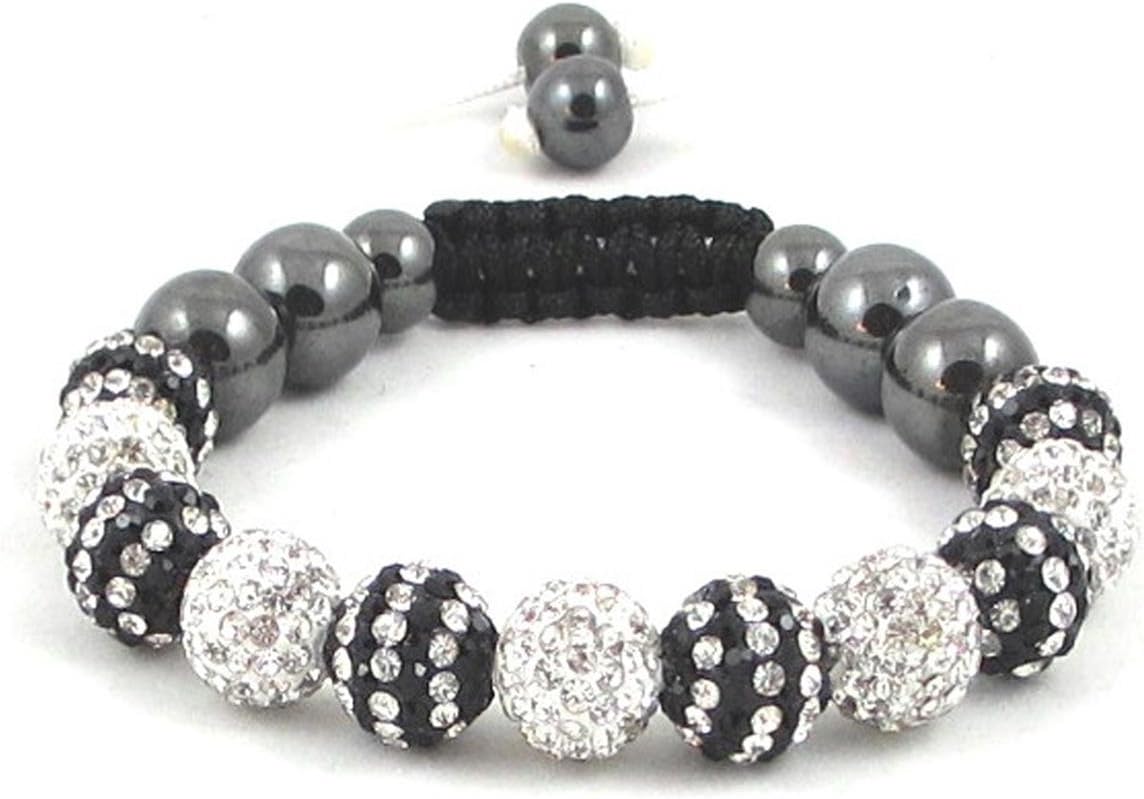 11-Ball Dual Double Colour Row Black and White Bead Shamballa Bracelet on White & Black String ** EXCLUSIVE DESIGN **
