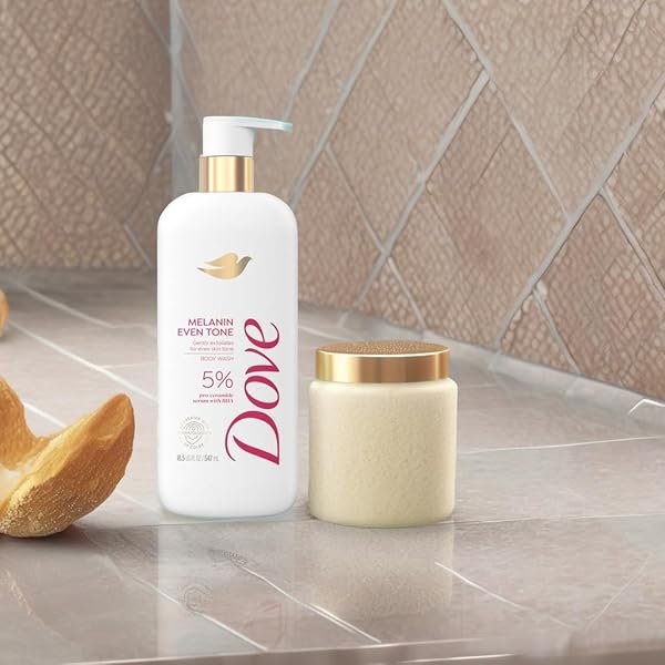 DOVE EXFOLIATING BODY WASH MELANIN EVEN TONE PROMOTES EVEN SKIN TONE 5% PRO-CERAMIDE SERUM WITH BHA 18.5 OZ