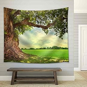 Spring Meadow with Big Tree with Fresh Green Leaves - Fabric Wall Tapestry Home Decor - 51x60 inches