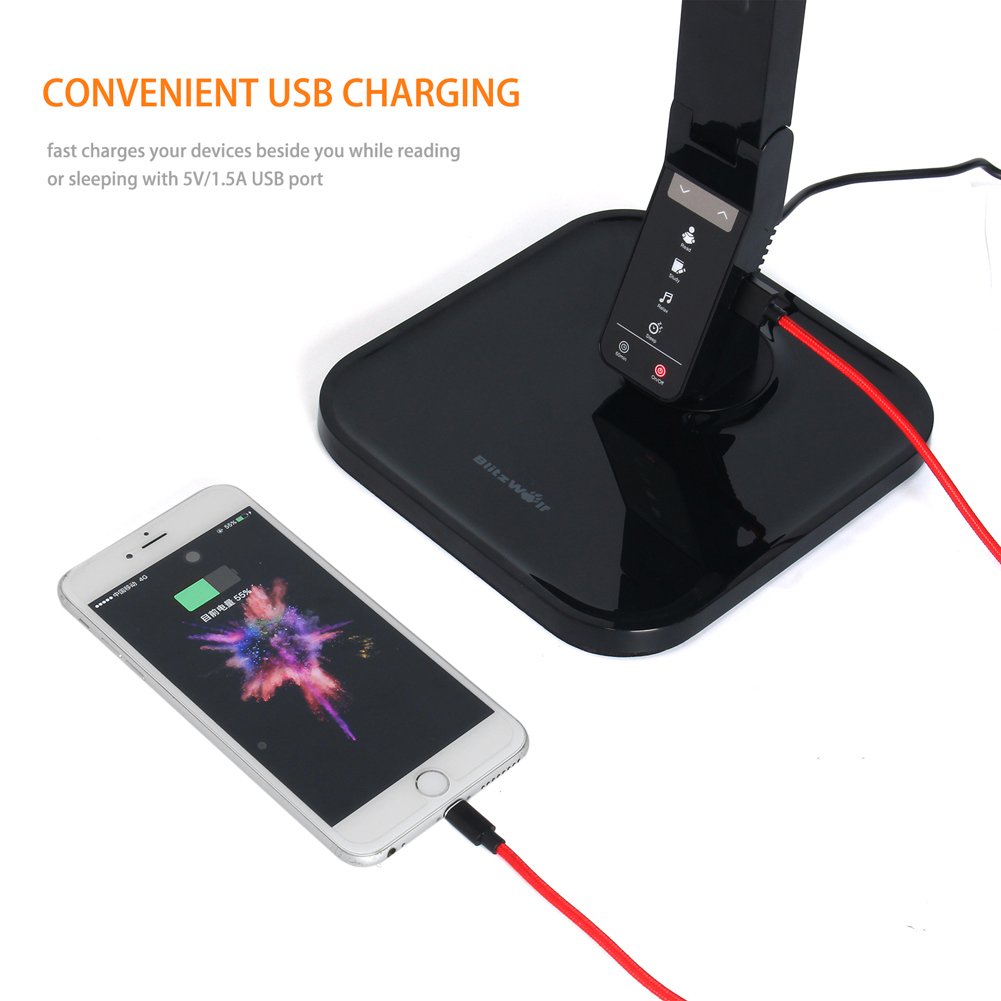 Lámpara de Escritorio LED, BlitzWolf Lámpara de Mesa con 27 Bombillas 4 Modos de Luz, Panel Plegable con Control Táctil,Cuidado de Los Ojos, + 5V/1.5A Puerto USB de Carga para Dormitorio,Lectura(Blanco)