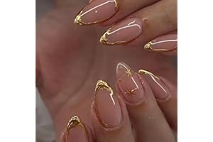 evpct Gold French Tip Press on Nails Almond Medium, Nude Pink + Gold Line Tips, Stick on Nails Medium Almond for Women, Full Cover Perfectly Fit Handmade Soft Gel Artificial Fake False Nail Kit