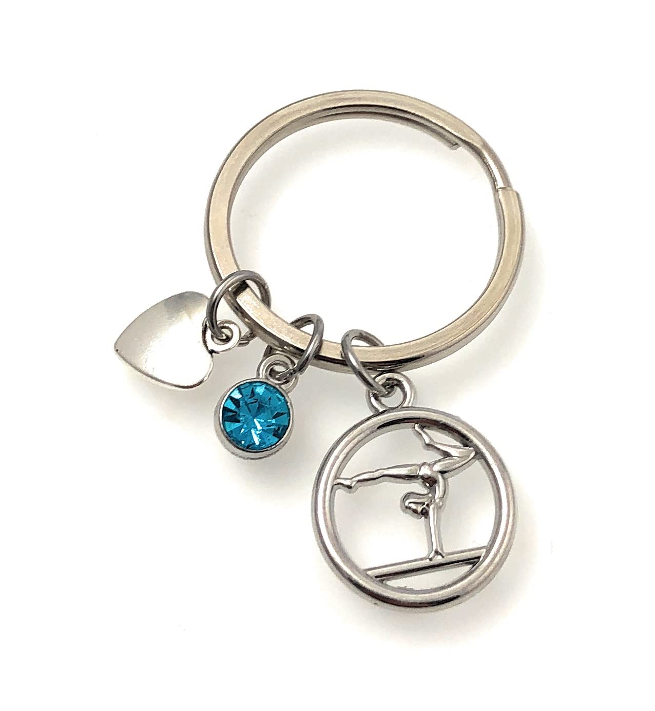 FizzyButton Gifts Gymnastics Keyring Key Ring with Turquoise Rhinestone and Heart Charm