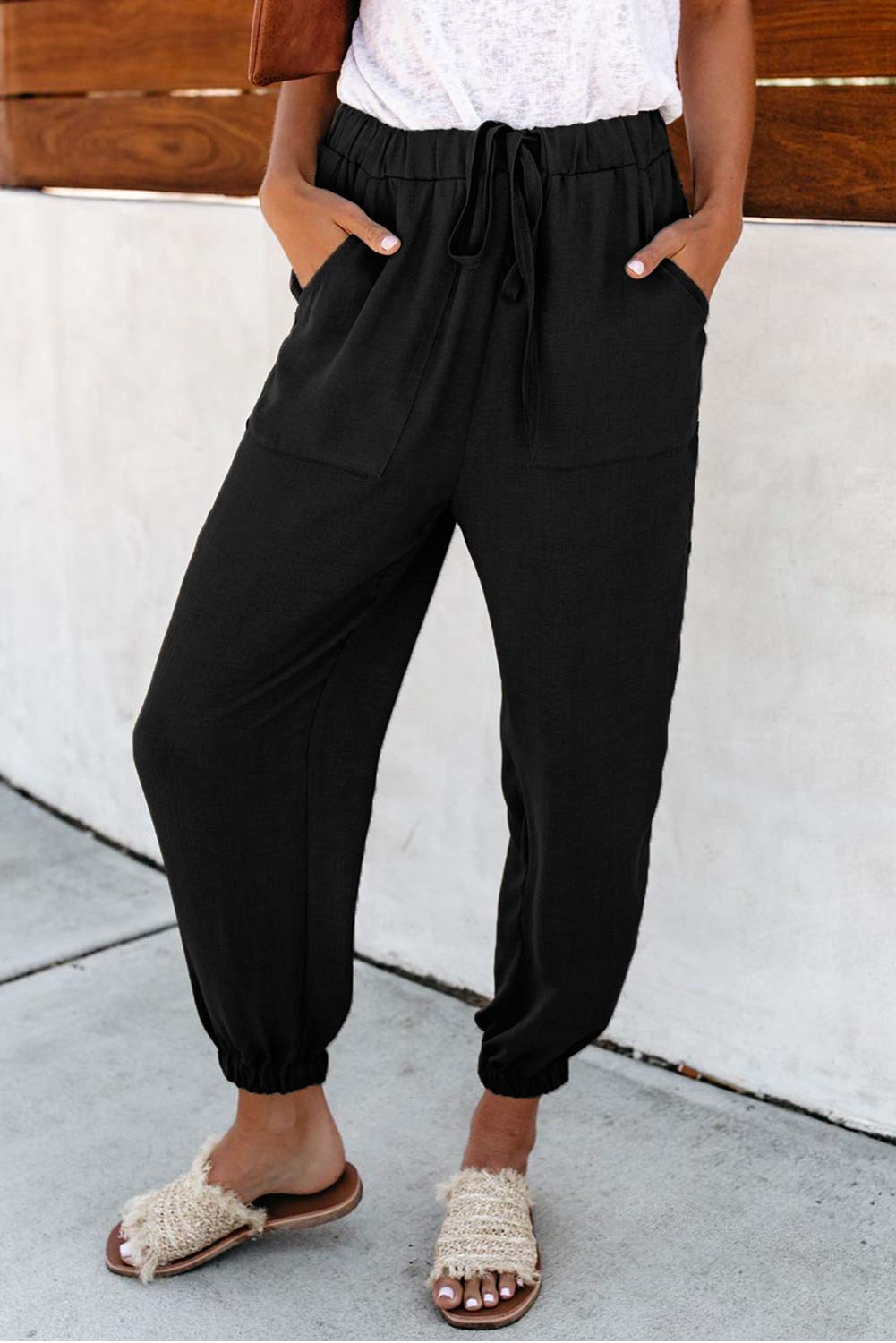 NEWFANGLE Women\'s Linen Casual Pants Drawstring Elastic Waist with Pockets Solid Comfy Loose Fit Trousers,Black,S